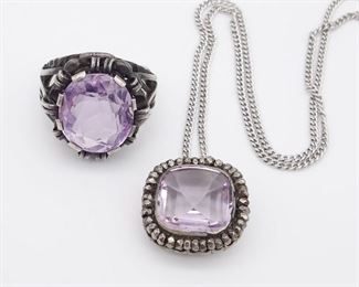 Vintage Sterling Silver Amethyst Pendant Necklace and Ring