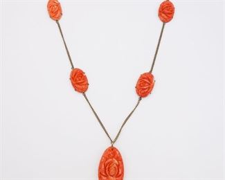 Antique Gold GF Carved Coral Rose Motifs Station Pendant Necklace