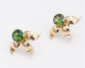 Vintage 14K Gold Green Gemstone Botanical Motif Earrings