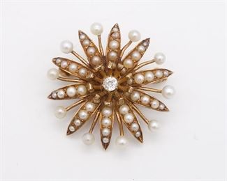 Antique 14K Gold Seed Pearl Diamond Starburst Brooch Pin