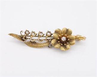 Antique 14K Gold Floral Diamond Brooch Pin