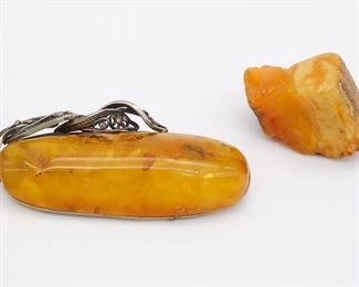 Vintage Baltic Egg Yolk Amber Silver Brooch Pin and Rough Amber Chunk