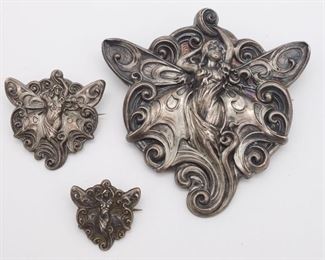 Antique c1900 Art Nouveau Sterling Silver Set of 3 Fairy Brooch Pins
