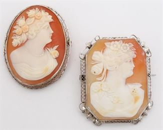 Antique Lot of 2 Art Deco 14K Gold Filigree Carved Cameo Brooches