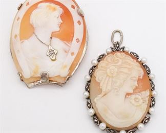 Antique Lot of 2 Carved Cameos w Diamonds, Horseshoe, Pearls, Marcasite