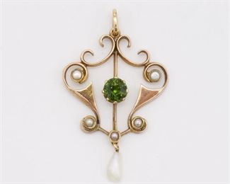 Antique Art Nouveau Solid Gold Tourmaline Seed Pearl Necklace Pendant