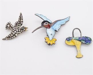 Antique Group 3 Charming Pins incl Sterling Silver, Enamel Hummingbird