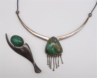 Vintage Designer Mexican Sterling Silver Turquoise Brooch and Necklace incl SIGI