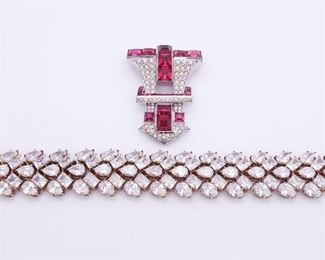 Vintage Sterling Silver Rhinestone Bracelet and Art Deco Clip