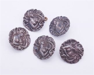 Antique 1902 Birmingham England Joseph Gloster Set of 5 Sterling Silver Fairy and Harp Buttons