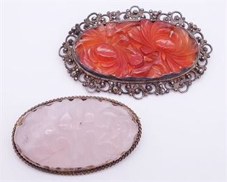 Antique Chinese Gold GW Silver Brooches w Carved Carnelian and Rose Quartz Floral Designs