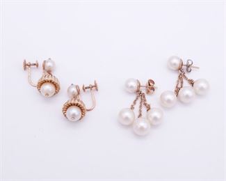 Vintage Lot 2 Pairs 14K Gold Cultured Pearl Dangle Earrings