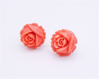 Vintage Chinese 14K Gold Carved Coral Rose Motif Earrings