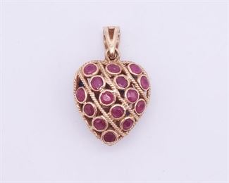 Vintage 14K Gold Filigree Ruby and Blue Sapphire Heart Necklace Pendant