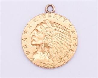 Antique US 1908 Indian Head Gold $5 Half Eagle Coin Pendant