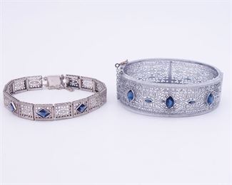 Antique Lot of 2 White Gold GP Art Deco Filigree Blue Stone Bracelets