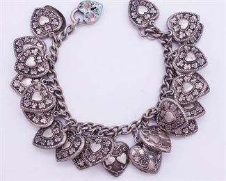 Vintage Victorian Style Walter Lampl Sterling Silver Heart Charm Locket Padlock Bracelet