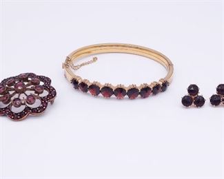 Vintage and Antique Bohemian Garnet Brooch Bracelet Earrings