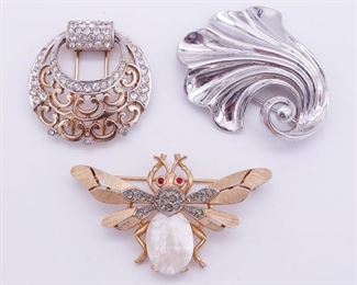 Vintage Lot of 3 Brooches incl Trifari, Filigree, Mother of Pearl, Jewels