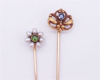 Antique Lot Two 14K Gold Stick Pins incl Pearls Jewels