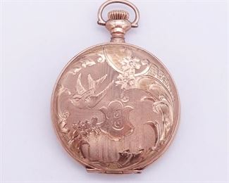 Antique Gold GF Bird and Flower Motif Ladies Tavennes Pendant Watch