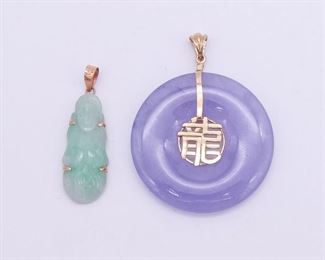 Vintage Chinese 14K Gold Carved Green Jade and Lavender Jadeite Pendants