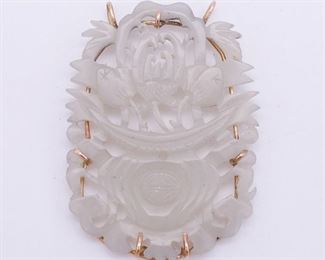 Vintage 14K Gold Carved Celadon Jade Chinese Necklace Pendant