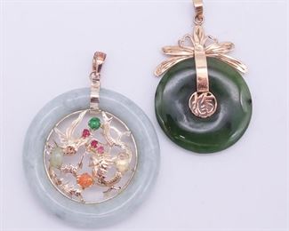 Vintage 14K Gold Chinese Jadeite and Spinach Jade Necklace Pendants
