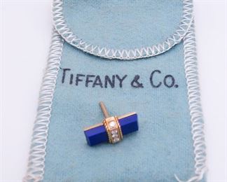 Vintage 18K Gold Tiffany Lapis Diamond Lapel Pin w Felt Pouch