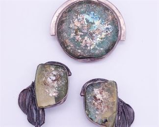 Vintage Studio Designer Ancient Volcanic Glass Sterling Silver Pendant Earrings Suite