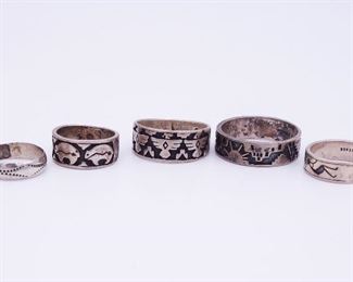 Vintage Lot 5 Native American Pawn Sterling Silver Rings incl Richard Begay