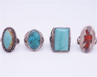 Vintage Lot 4 Native American Pawn Sterling Silver Rings incl Turquoise, Coral Inlay