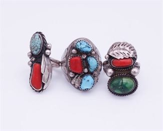 Vintage Lot 3 Native American Pawn Sterling Silver Turquoise Coral Rings