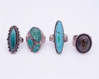 Vintage Lot 4 Native American Pawn Sterling Silver Rings incl Turquoise, Brown Stone