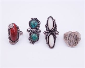 Vintage Lot 4 Native American Pawn Sterling Silver Turquoise Jasper MOP Zuni DE Rings