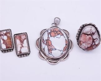 Vintage Lot Native American Pawn Sterling Silver Magnesite Pendant Ring Earrings