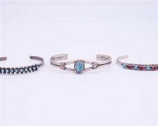 Vintage Lot 3 Native American Pawn Sterling Silver Turquoise Coral Zuni GB Bracelets