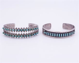 Vintage Lot 2 Native American Pawn Sterling Silver Turquoise Zuni Lonasee Bracelets