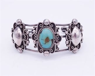 Vintage Native American Pawn Sterling Silver Turquoise Large Cuff Bracelet