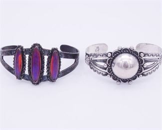 Vintage Native American Pawn Sterling Silver Turquoise Bell Iridescent Bracelets