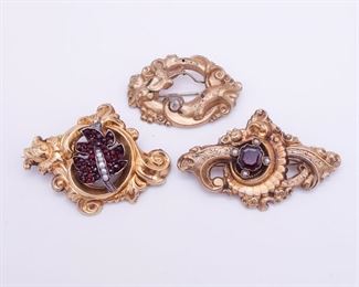 Antique Victorian Gold GF Ornate Garnet Pearl Brooches