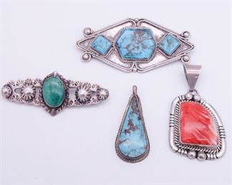 Vintage Native American Pawn Sterling Silver Turquoise Spiny Coral Pendants Brooches