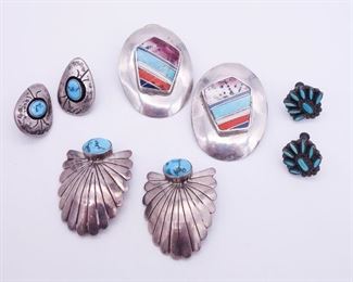 Vintage Native American Pawn Sterling Silver Turquoise Coral Earrings Inlay Zuni SS ANT