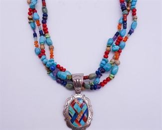 Vintage Southwest Shube's Sterling Silver Coral Turquoise Inlay Beaded Pendant Necklace