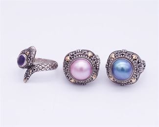Vintage Lot of 3 Sterling Silver Rings incl 18K Gold, Amethyst, Snake, Pearl, Robert Manse