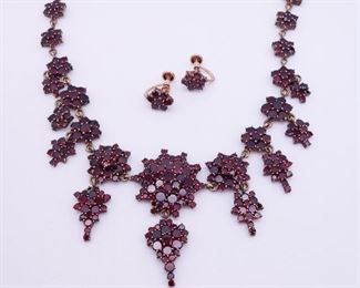 Antique Bohemian Garnet Necklace Earrings Suite w Solid Gold Earring Backings