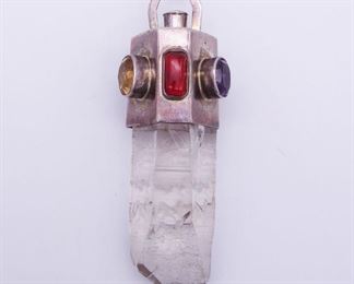 Vintage Studio Sterling Silver Large Amethyst Citrine Diamond Quartz Prism Pendant