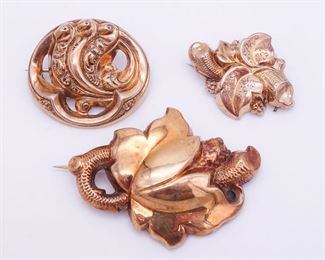 Antique Lot of 3 Gold GF Ornate Victorian Brooch Pins incl Leaf Motifs