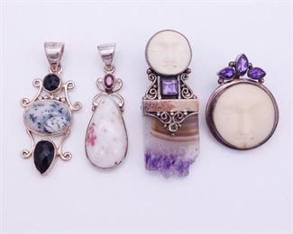 Vintage Sterling Silver Amethyst Onyx Ruby Carved Face Pendants, Brooches