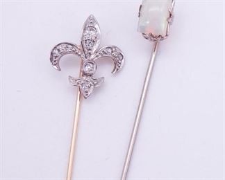 Antique 14K Gold and Platinum Diamond Fleur-de-lis Opal Stickpins